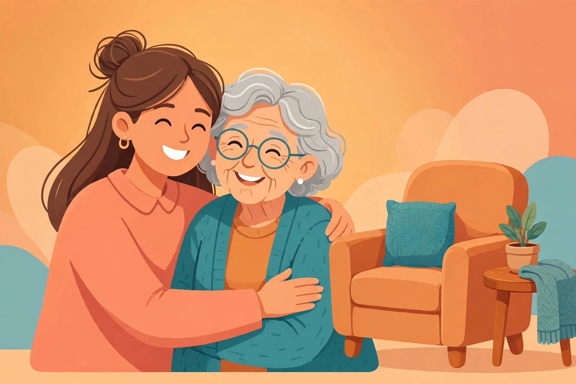 Warm illustration of a daughter sitting with her elderly mother