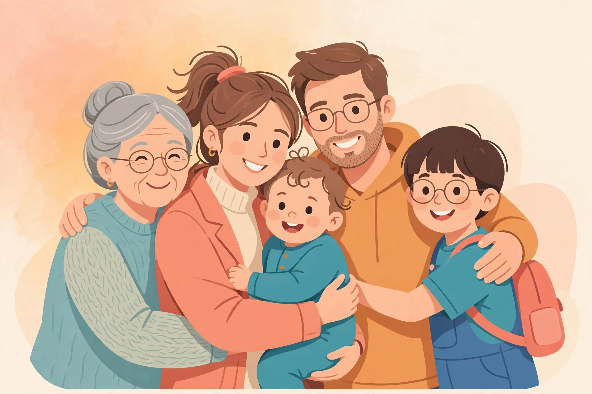 Warm illustration of a multi-generational family sharing a group hug